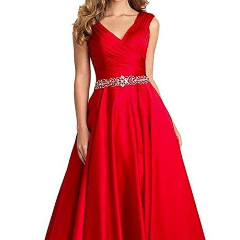 Red V-Neck Pleated Satin Prom Dress Beaded Long Formal Evening Gown